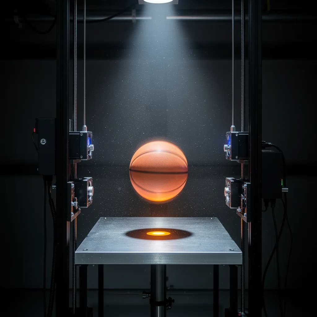 Ein Ball in der Luft über der Stahlplatte eines Falltestgeräts, kalt von oben und warm vom Boden beleuchtet.