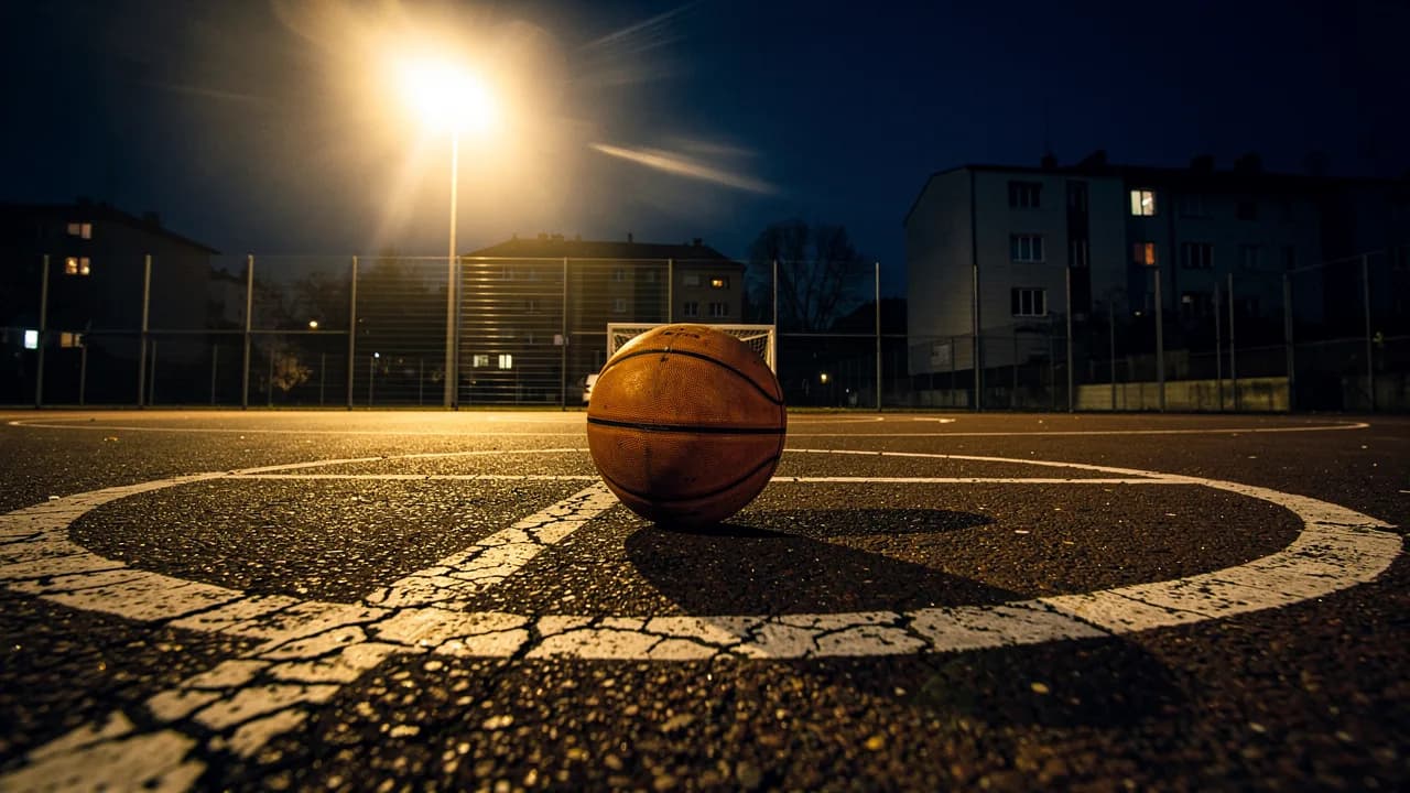 Ein flutlichtbeschienener Freiplatz nach Einbruch der Dunkelheit: der Ball allein auf rissigem Asphalt im Mittelkreis, Wohnblöcke im Hintergrund.