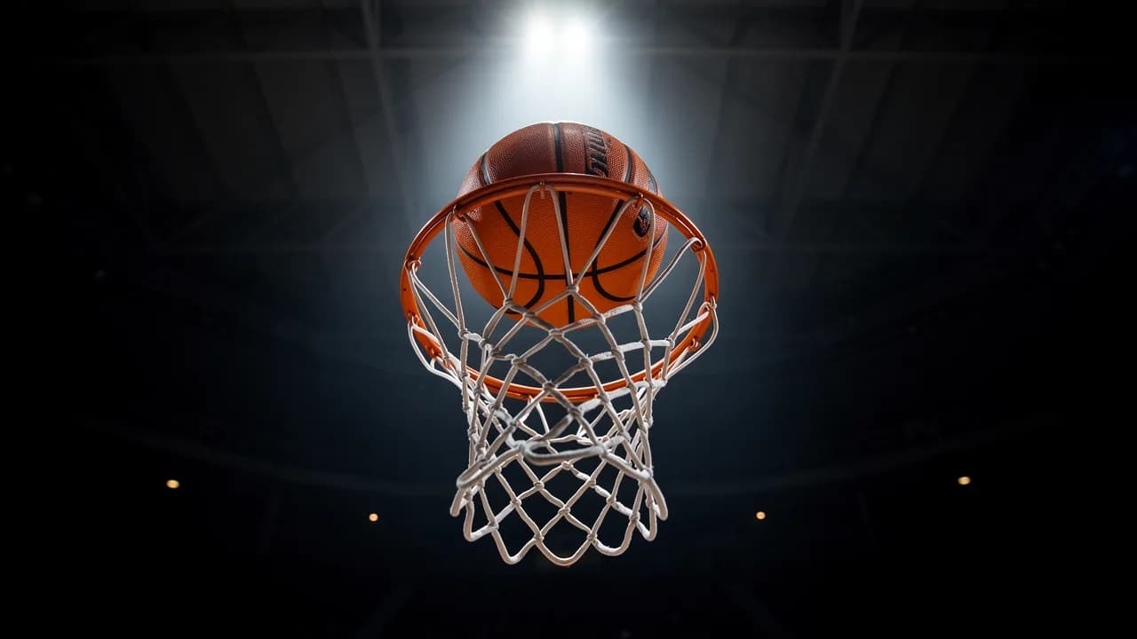 Blick nach oben zu einem Korb in einer dunklen Arena, der Ball balanciert halb im Netz vor einem einzelnen Gegenlicht-Spot.